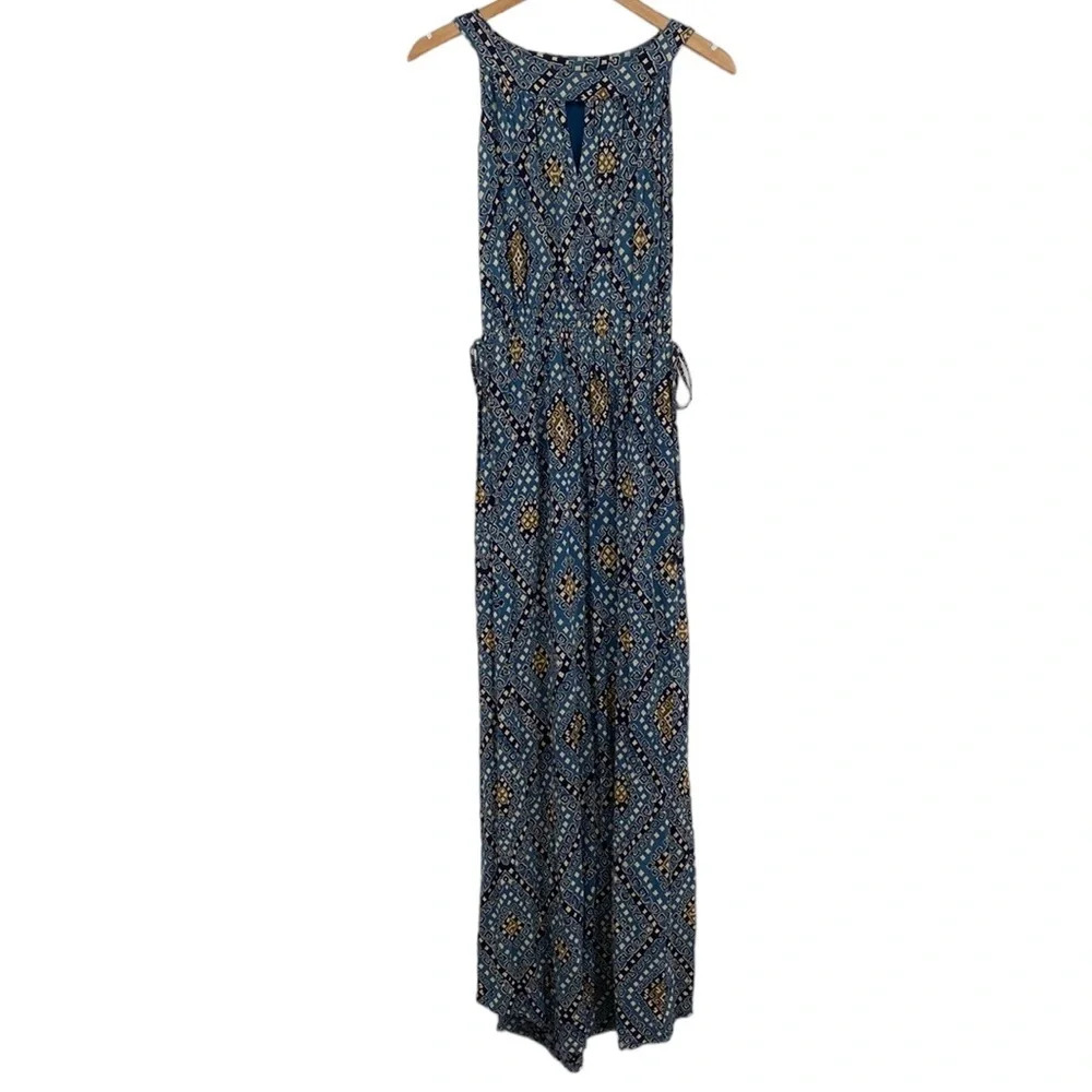 Lucky Brand Goddess Maxi Dress Womens 1X Plus Blue Sleeveless‎ Lined Keyhole Cut